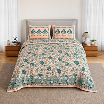 Peach & Blue Floral Bagru Print Cotton King Size Bedsheet with 2 Pillow Covers
