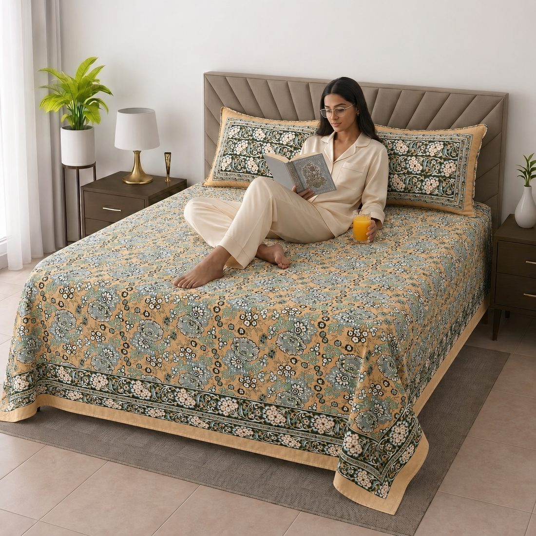 Beige & Green Floral Bagru Print Cotton King Size Bedsheet with 2 Pillow Covers