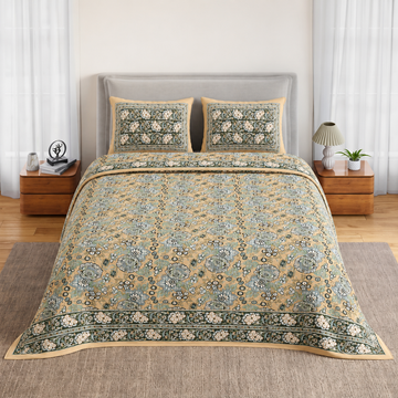 Beige & Green Floral Bagru Print Cotton King Size Bedsheet with 2 Pillow Covers