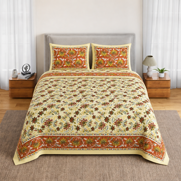 Yellow & Brown Floral Bagru Print Cotton King Size Bedsheet with 2 Pillow Covers