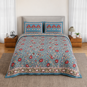 Blue & Red Floral Bagru Print Cotton King Size Bedsheet with 2 Pillow Covers