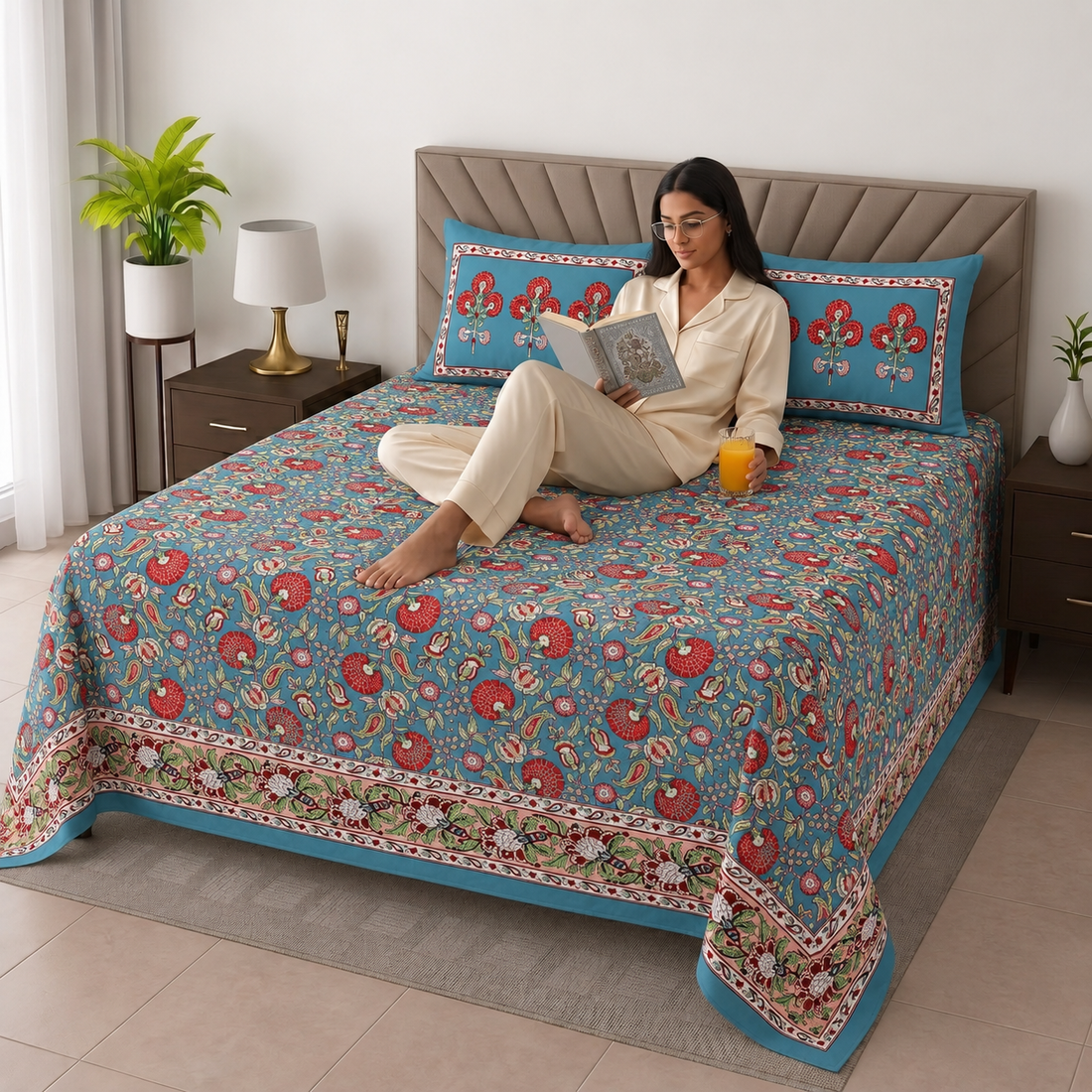 Blue & Red Floral Bagru Print Cotton King Size Bedsheet with 2 Pillow Covers