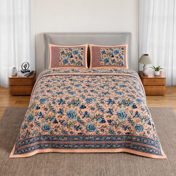Peach & Blue Floral Bagru Print Cotton King Size Bedsheet with 2 Pillow Covers