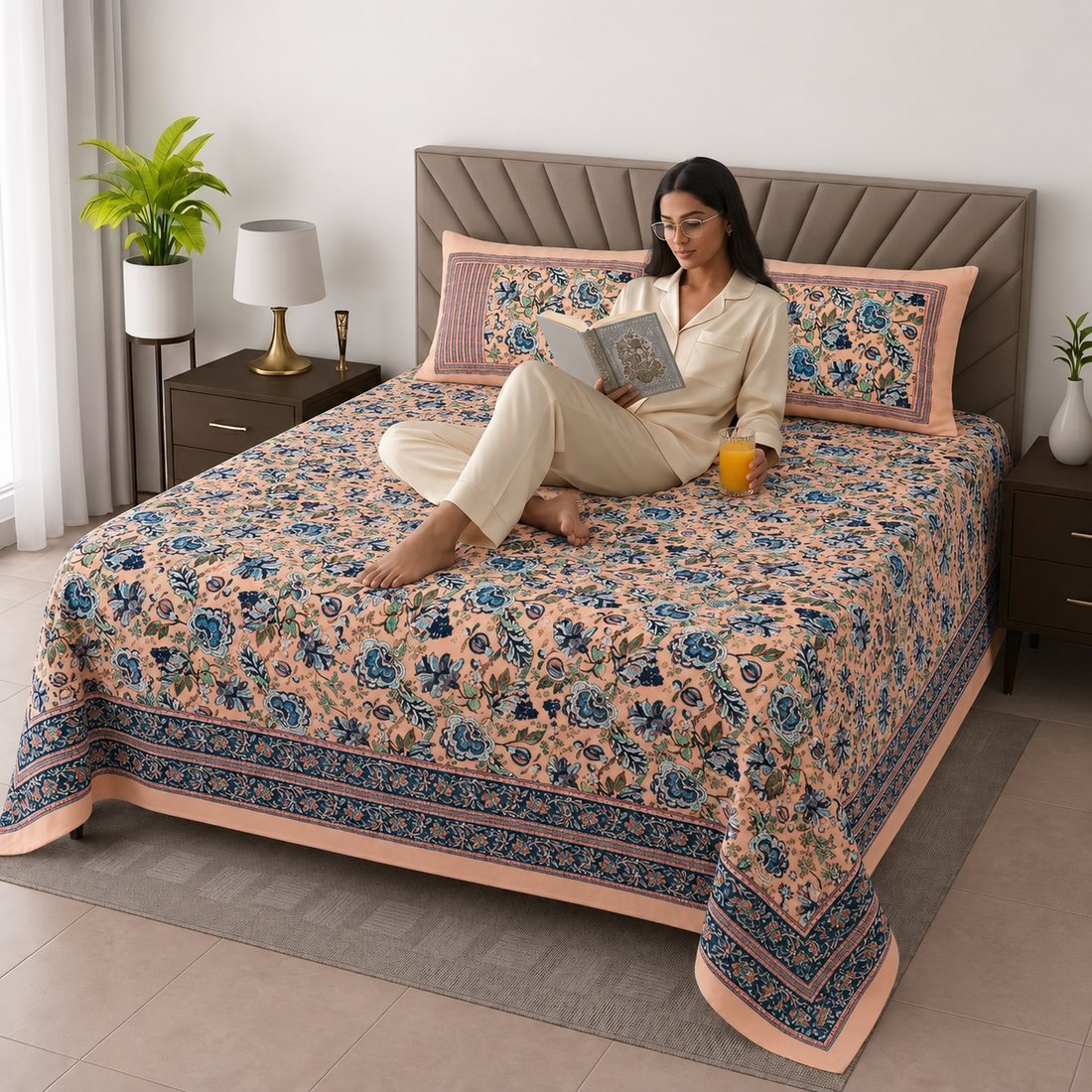 Peach & Blue Floral Bagru Print Cotton King Size Bedsheet with 2 Pillow Covers