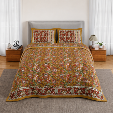 Mustard Floral Bagru Print Cotton King Size Bedsheet with 2 Pillow Covers