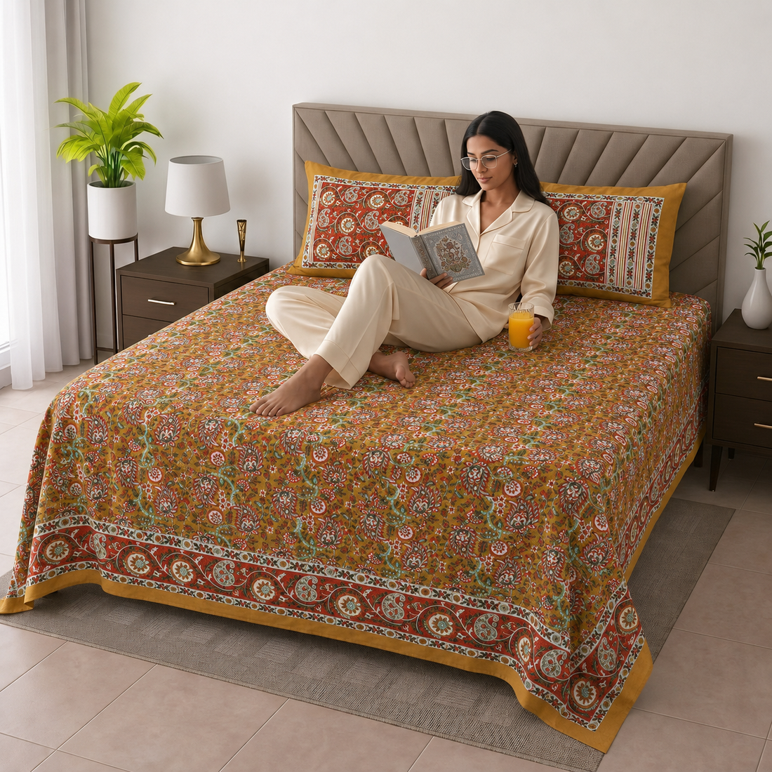 Mustard Floral Bagru Print Cotton King Size Bedsheet with 2 Pillow Covers