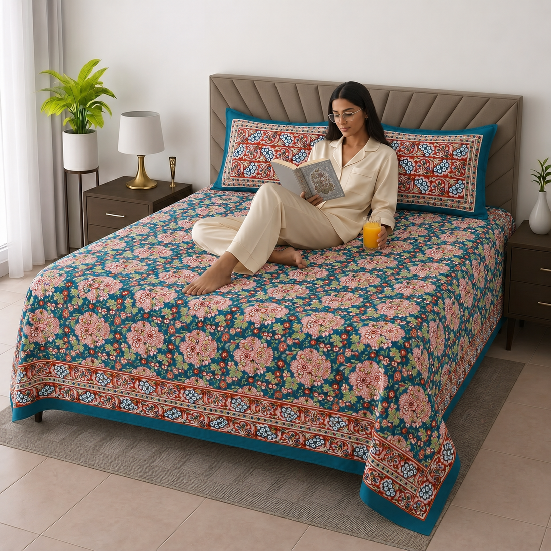 Pink & Blue Floral Bagru Print Cotton King Size Bedsheet with 2 Pillow Covers