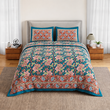 Pink & Blue Floral Bagru Print Cotton King Size Bedsheet with 2 Pillow Covers