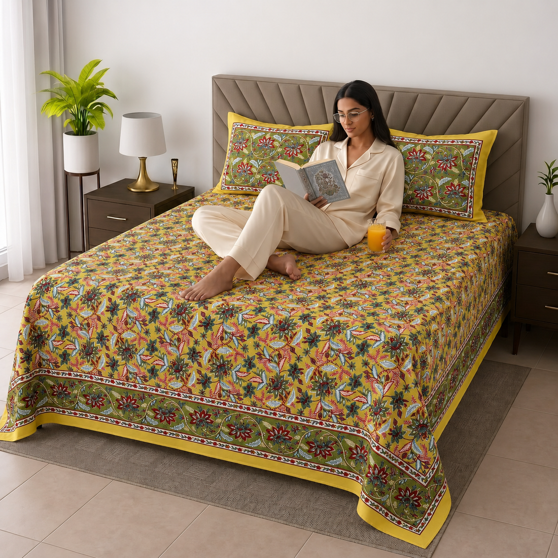 Yellow & Green Floral Bagru Print Cotton King Size Bedsheet with 2 Pillow Covers