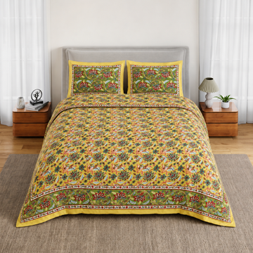 Yellow & Green Floral Bagru Print Cotton King Size Bedsheet with 2 Pillow Covers