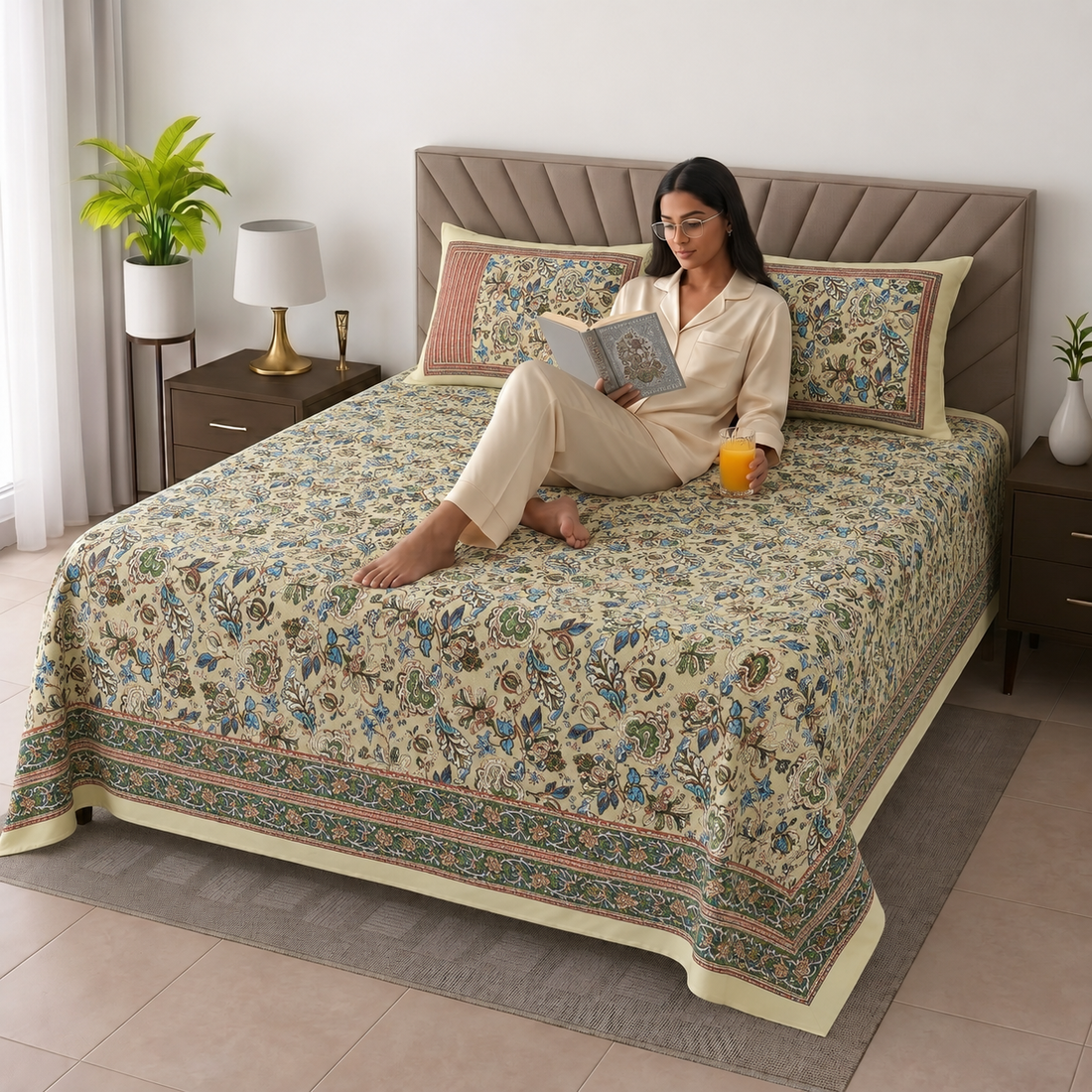 Beige & Blue Floral Bagru Print Cotton King Size Bedsheet with 2 Pillow Covers
