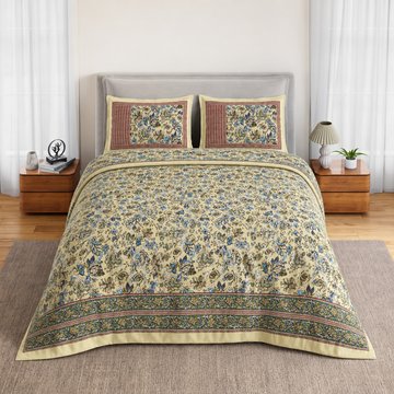 Beige & Blue Floral Bagru Print Cotton King Size Bedsheet with 2 Pillow Covers