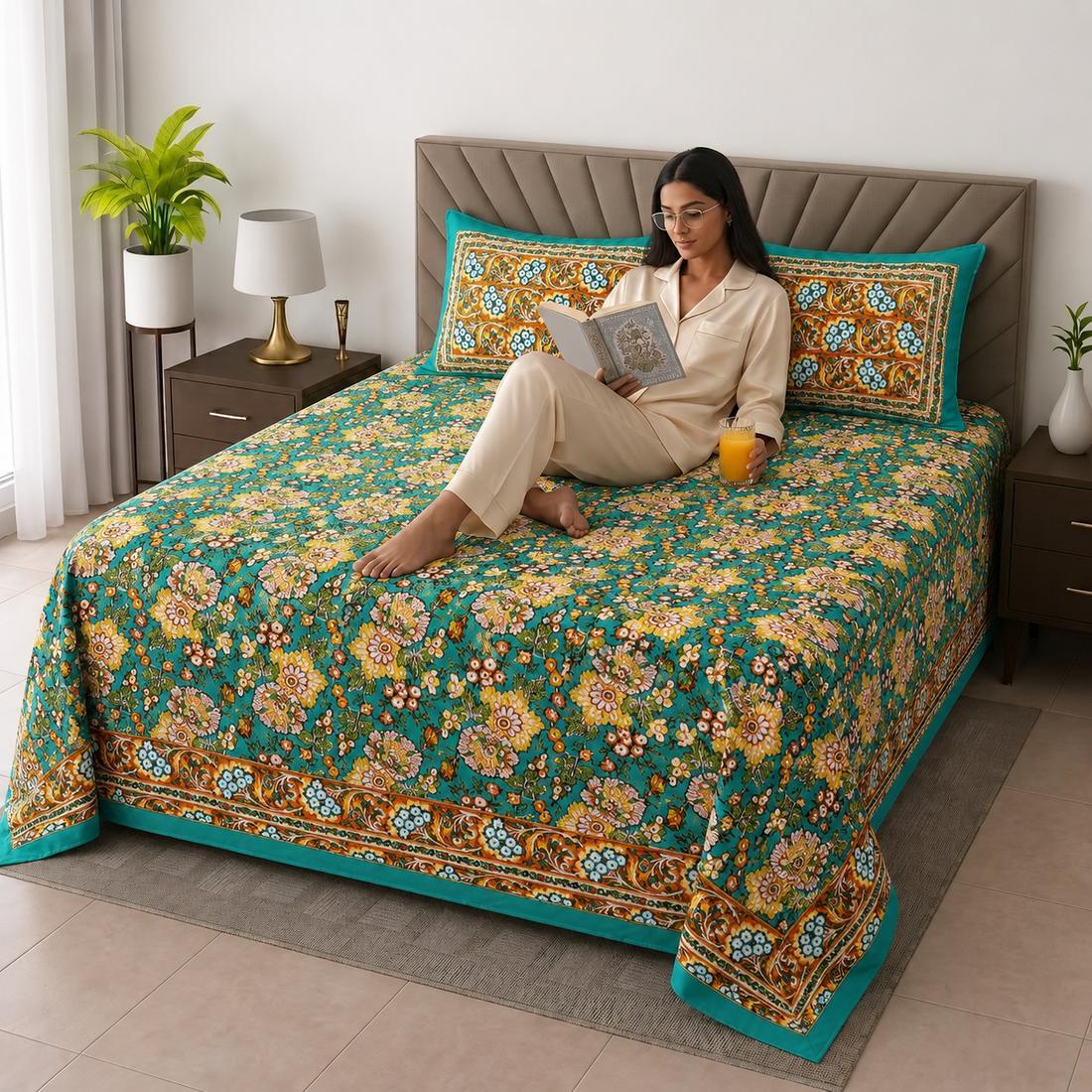 Teal Blue Floral Bagru Print Cotton King Size Bedsheet with 2 Pillow Covers