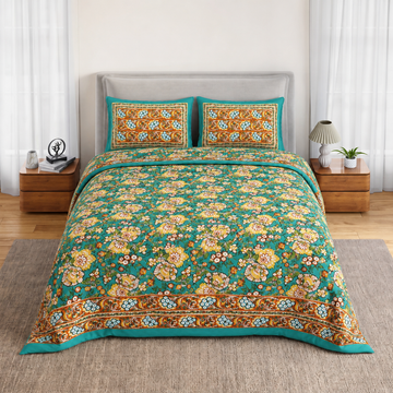 Teal Blue Floral Bagru Print Cotton King Size Bedsheet with 2 Pillow Covers