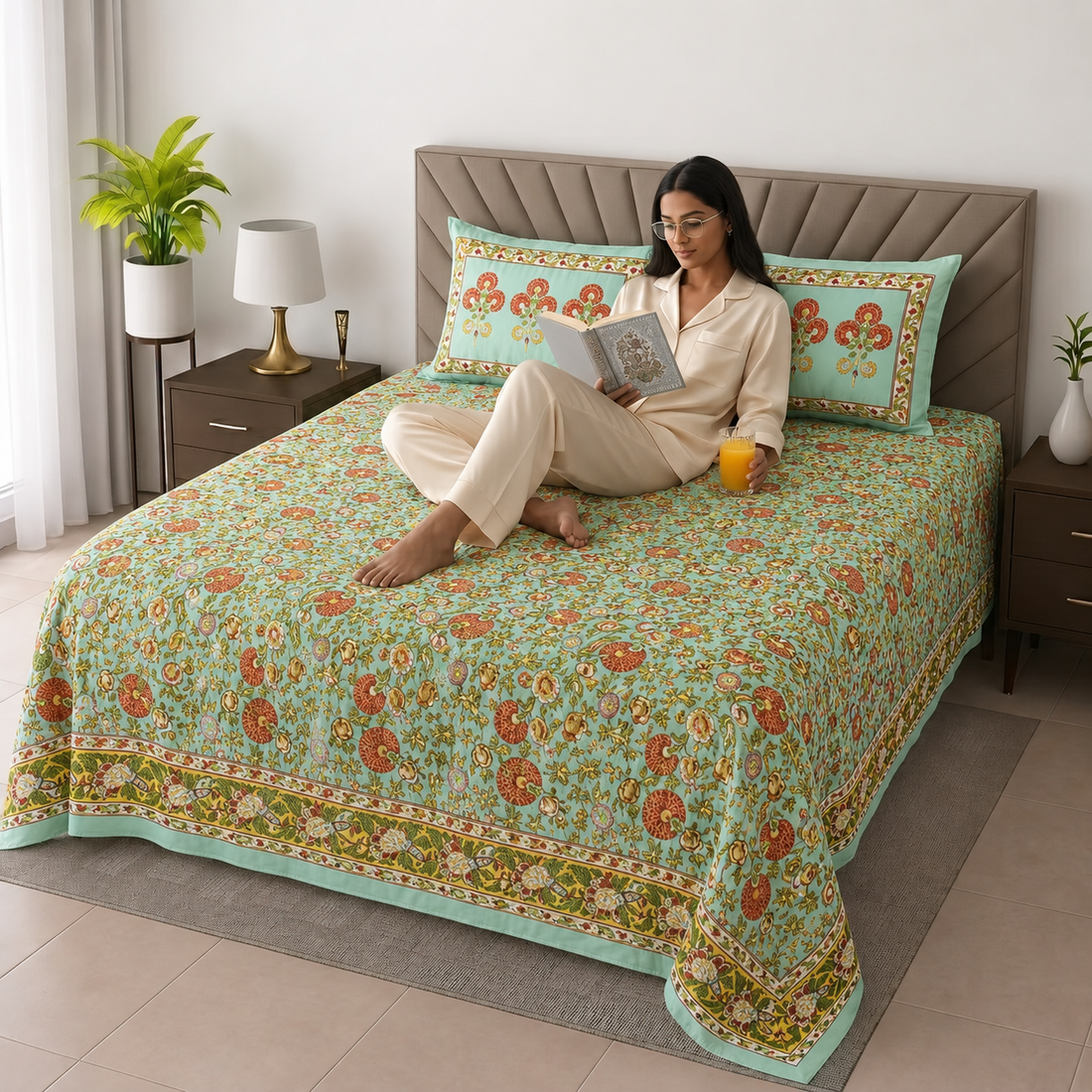 Pesto & Pink Floral Bagru Print Cotton King Size Bedsheet with 2 Pillow Covers