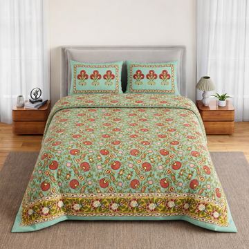 Pesto & Pink Floral Bagru Print Cotton King Size Bedsheet with 2 Pillow Covers