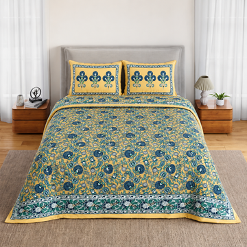 Yellow & Blue Floral Bagru Print Cotton King Size Bedsheet with 2 Pillow Covers