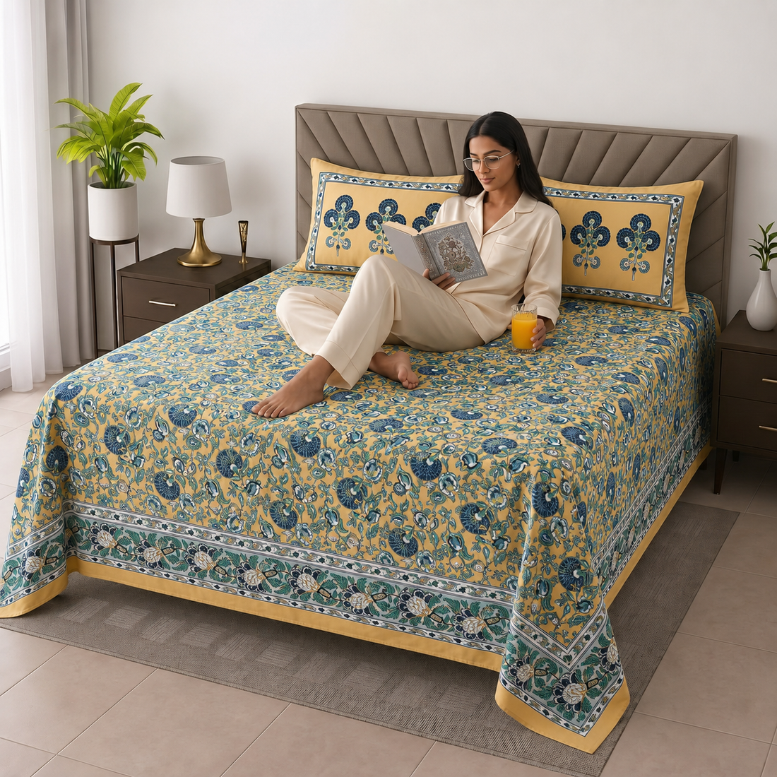 Yellow & Blue Floral Bagru Print Cotton King Size Bedsheet with 2 Pillow Covers