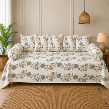 Beige Floral Print Cotton Diwan Set