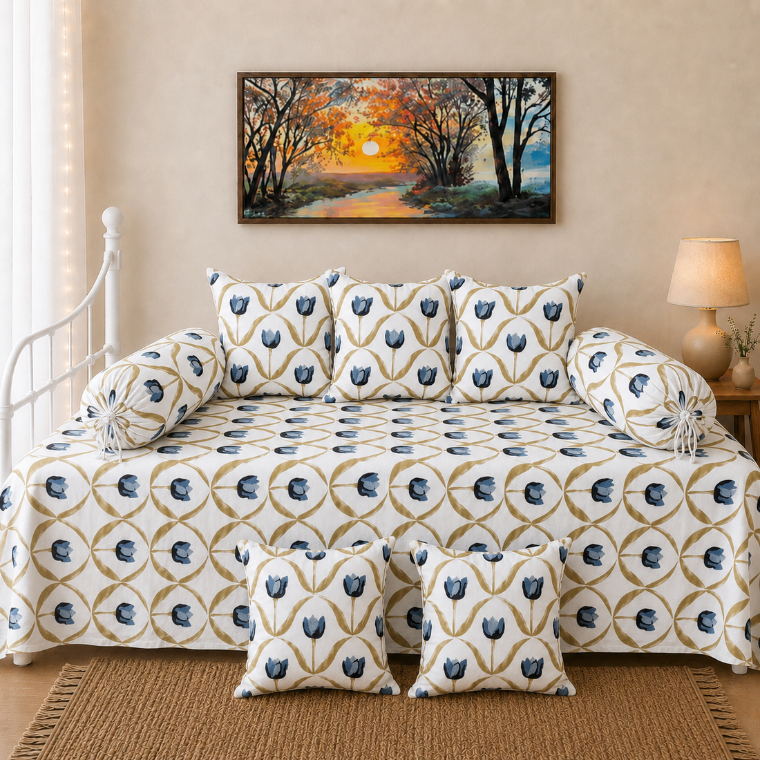 Blue Flowers Print Cotton Diwan Set
