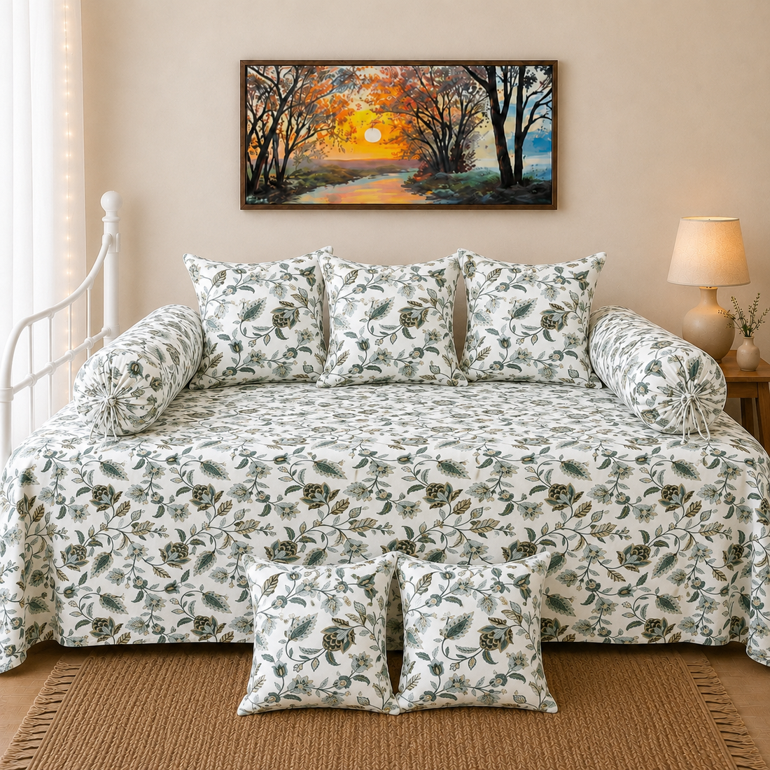 Gray Floral Print Cotton Diwan Set