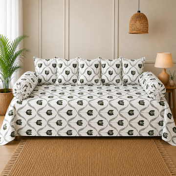 Black & Grey Flowers Print Cotton Diwan Set