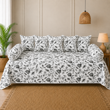 Grey Floral Print Cotton Diwan Set