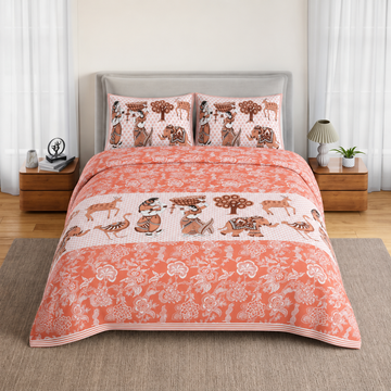 Orange Floral Print King Size Cotton Bedsheet with 2 Pillow Covers