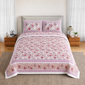 Pink Floral Print King Size Cotton Bedsheet with 2 Pillow Covers
