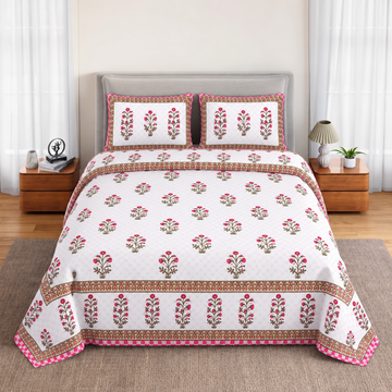 Pink Floral Print King Size Cotton Bedsheet with 2 Pillow Covers