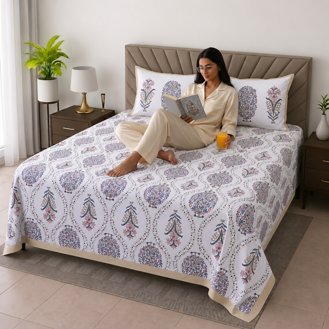 Blue & Pink Floral Print King Size Cotton Bedsheet with 2 Pillow Covers