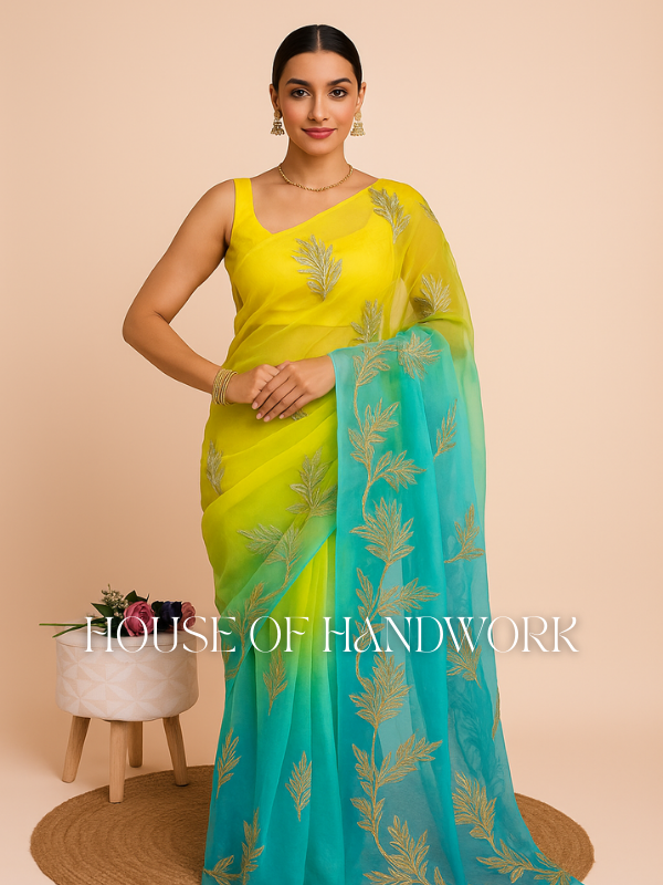 Lime Breeze Shaded Gota Work Chiffon Saree