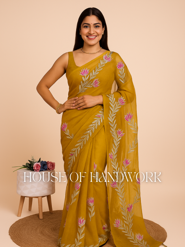 Golden Petals Gota Work Embroidered Chiffon Saree
