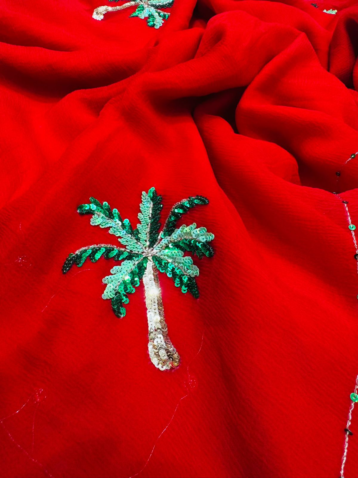 Crimson Palm Sequin Handwork Saree