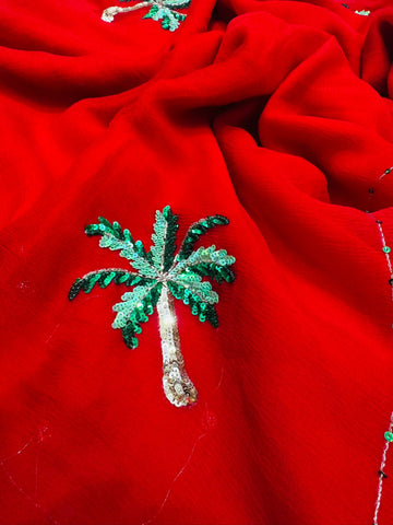 Crimson Palm Sequin Handwork Saree